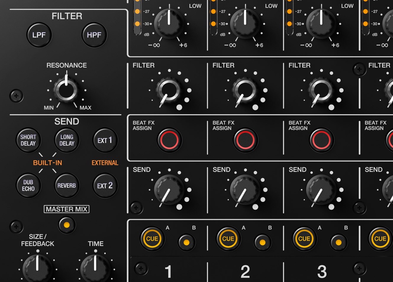 djm-v10 filter, send fx, cue